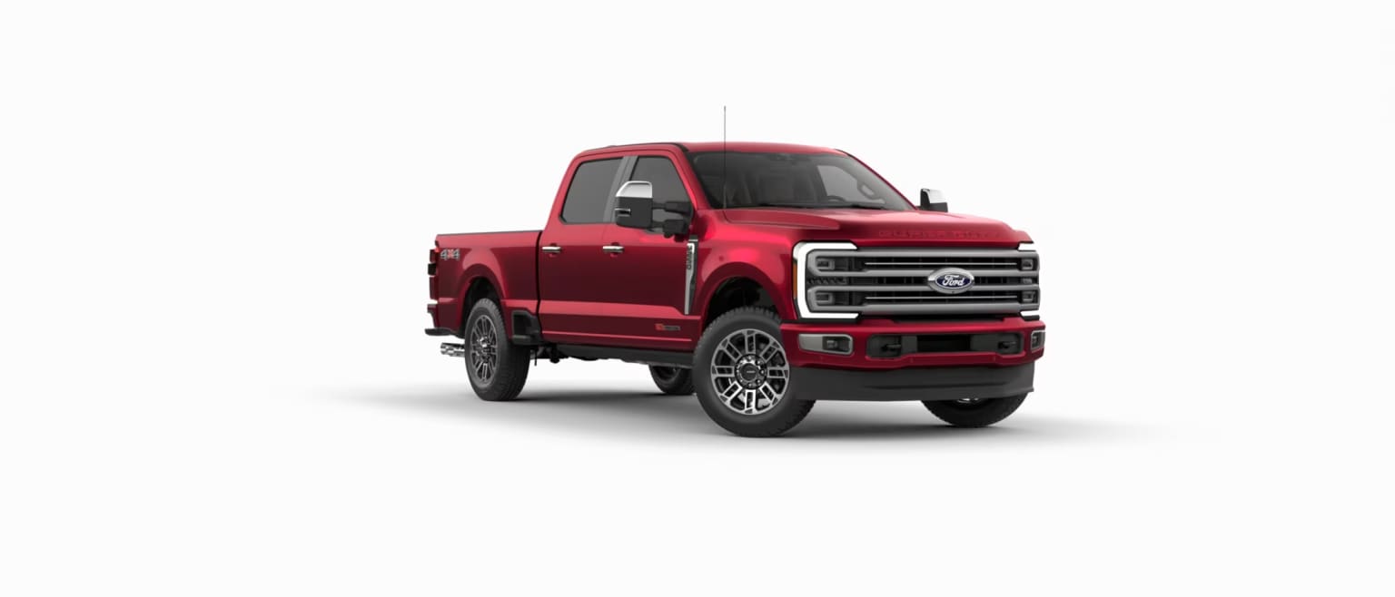 A red pickup truck is centered against a plain white background.