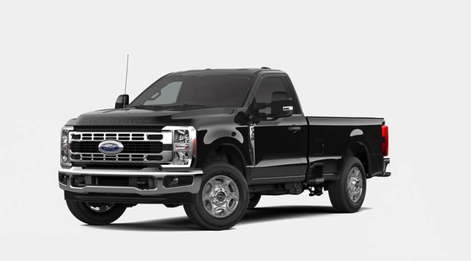A black Ford F-250 Super Duty pickup truck with a flatbed body, standing on a plain white background.