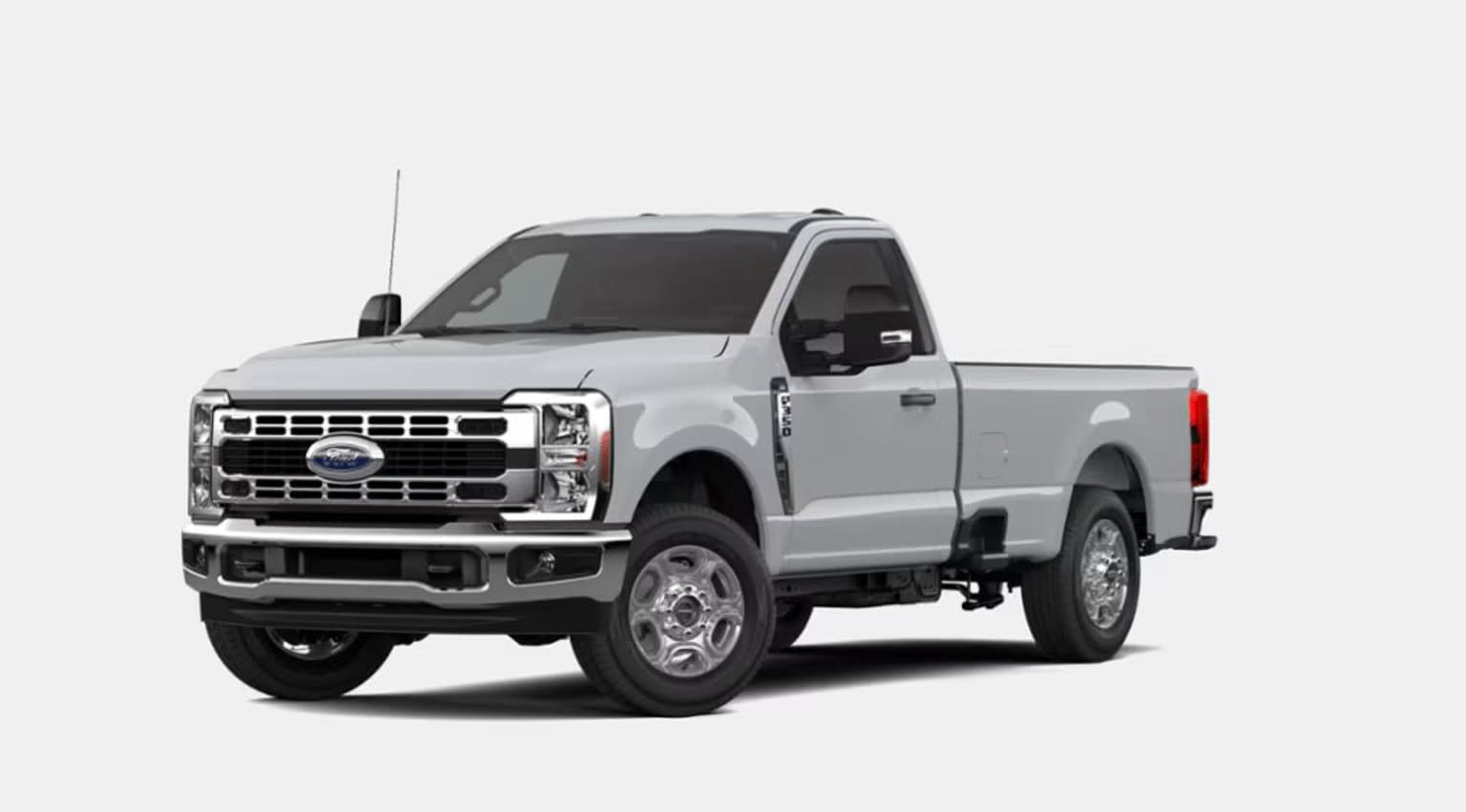 A silver-colored Ford F-250 Super Duty pickup truck is prominently featured in the image, set against a plain white background.