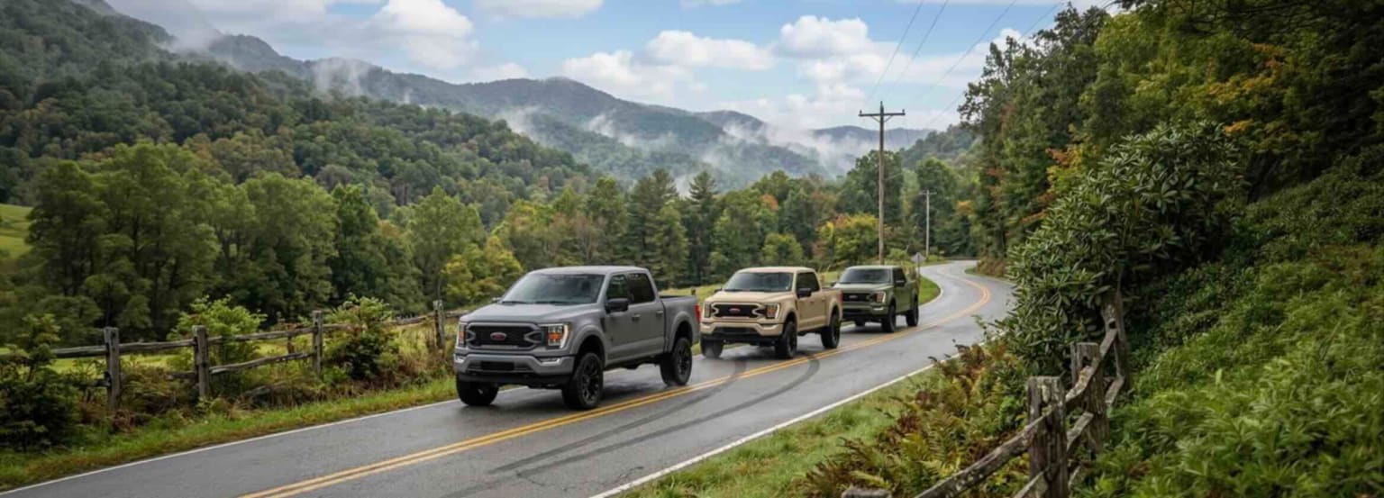 Three pickup trucks driving on a scenic mountain road with fog-covered peaks in the background.