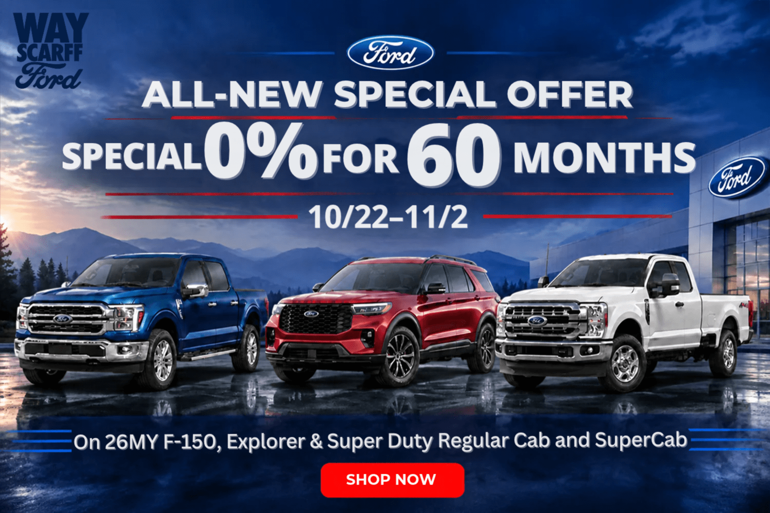Three vehicles in blue, red, and white are parked in the foreground against a background of mountains and a dealership under a cloudy blue sky.