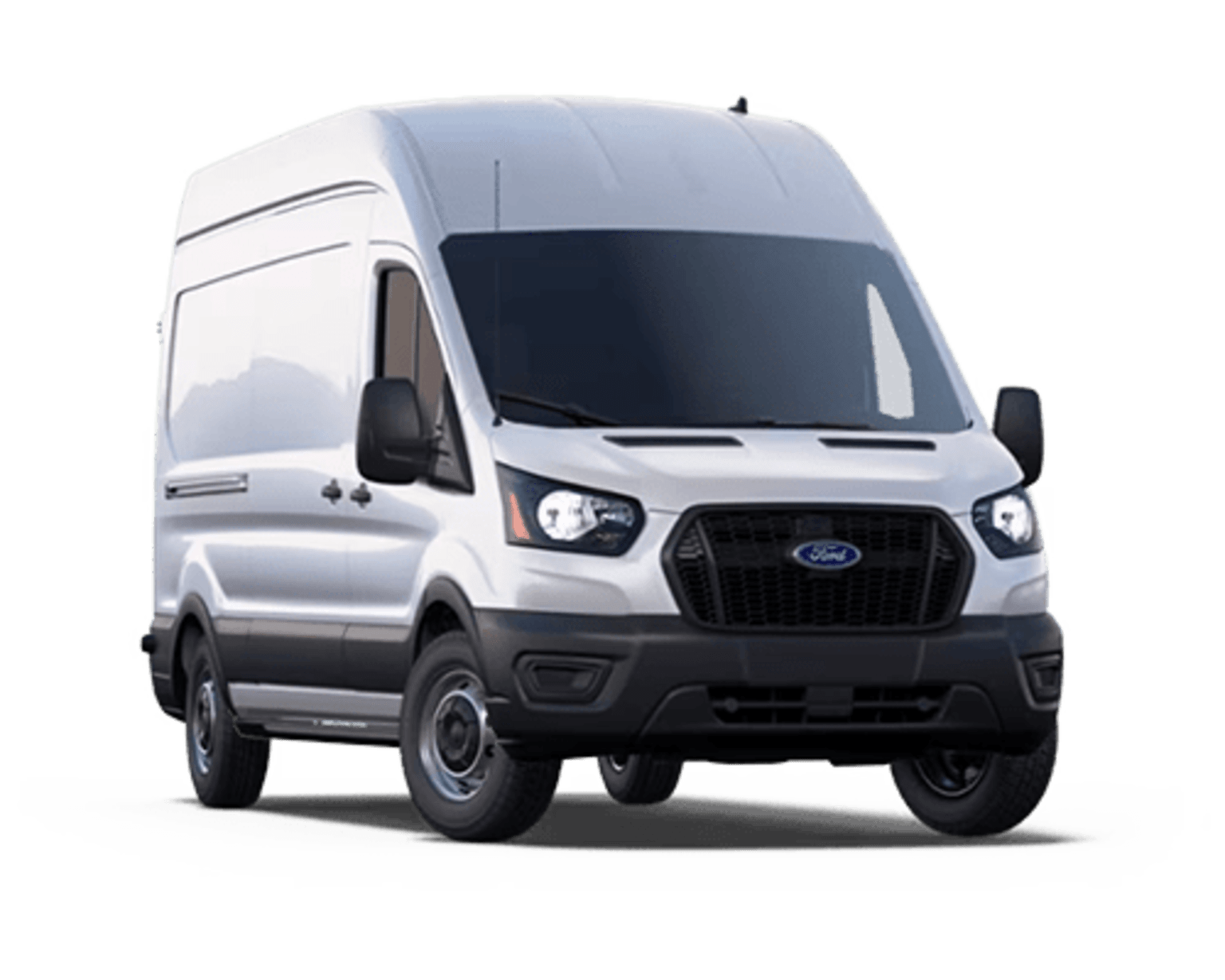 A white cargo van with a sleek, modern design stands prominently in the foreground against a plain white background.