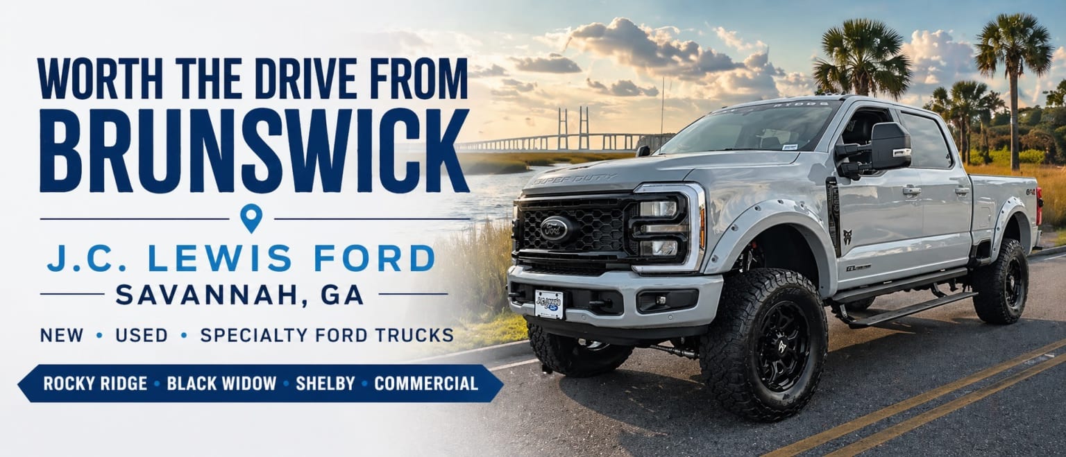 Lifted Ford Super Duty truck with custom build features in a coastal Georgia setting, representing specialty Ford trucks available at J.C. Lewis Ford near Brunswick and Savannah