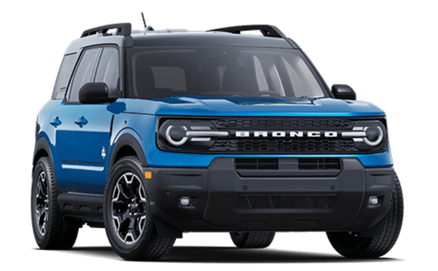 A blue and black SUV with a rugged, off-road design stands prominently in the foreground against a plain white background.
