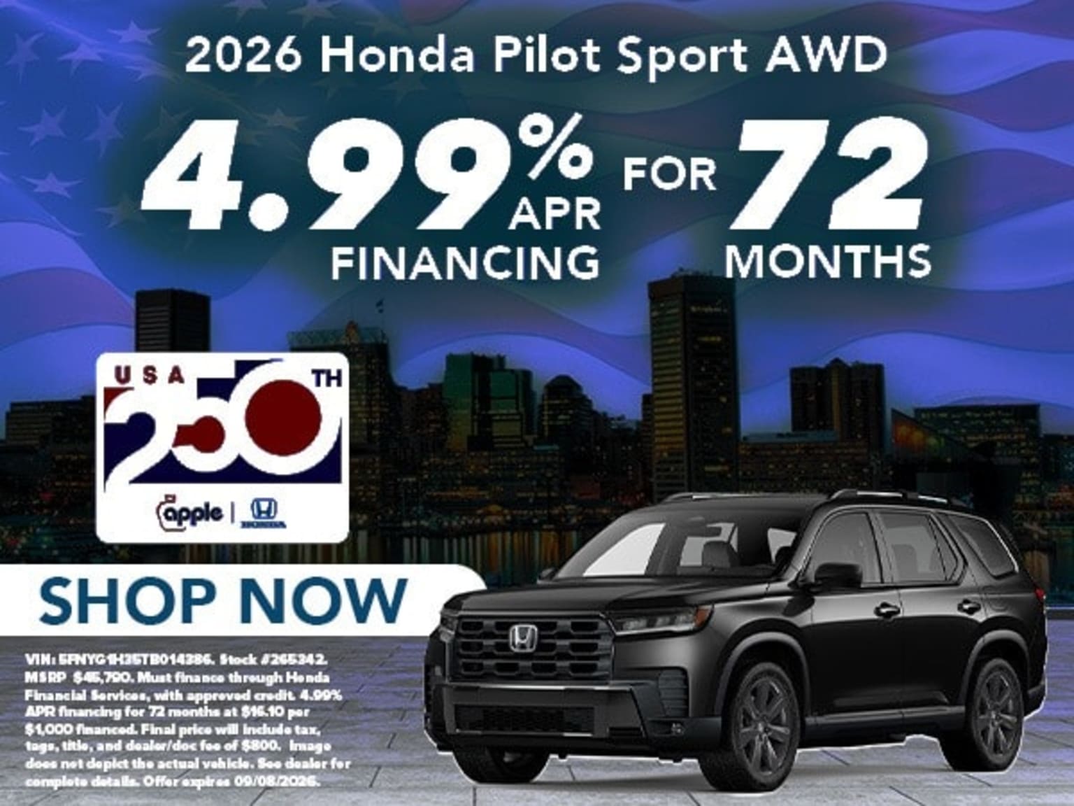 A black SUV is advertised with a financing offer, set against a city skyline at dusk.