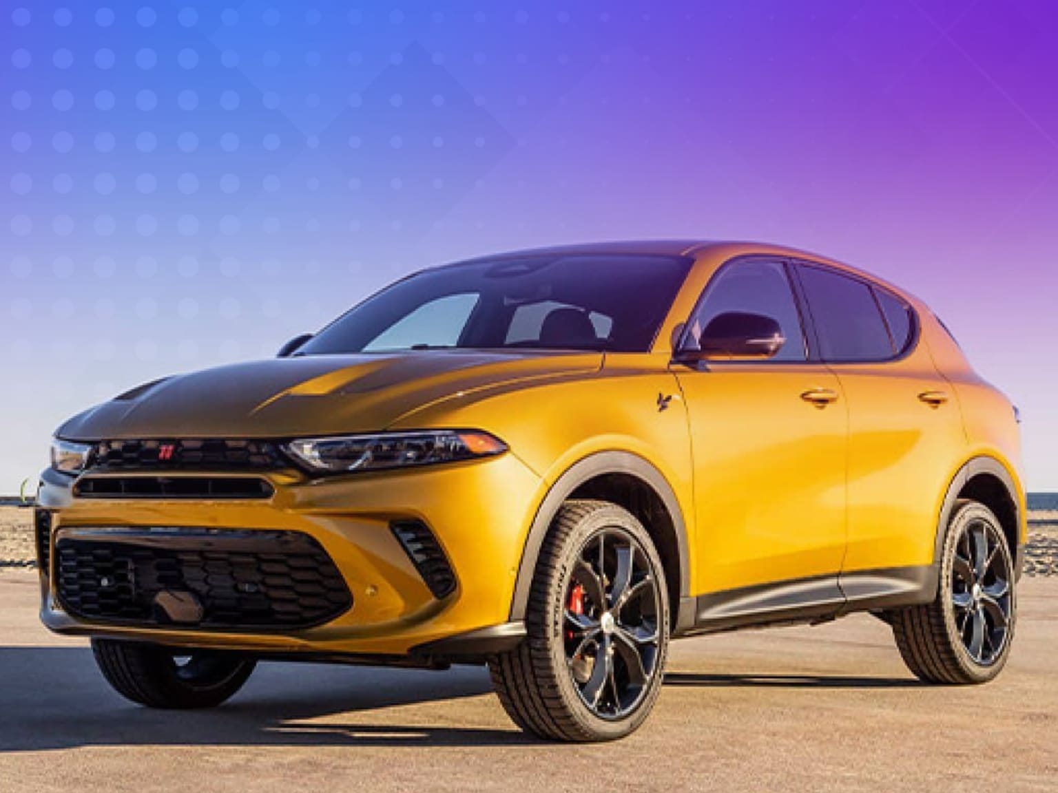 A vibrant yellow SUV with sporty features stands against a backdrop of a gradient sky, creating a striking visual contrast.