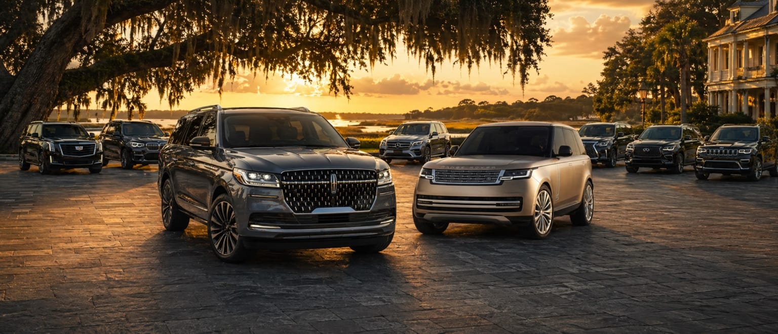 SUVs in a scenic outdoor setting with a beautiful sunset, surrounded by lush trees and a tranquil body of water.