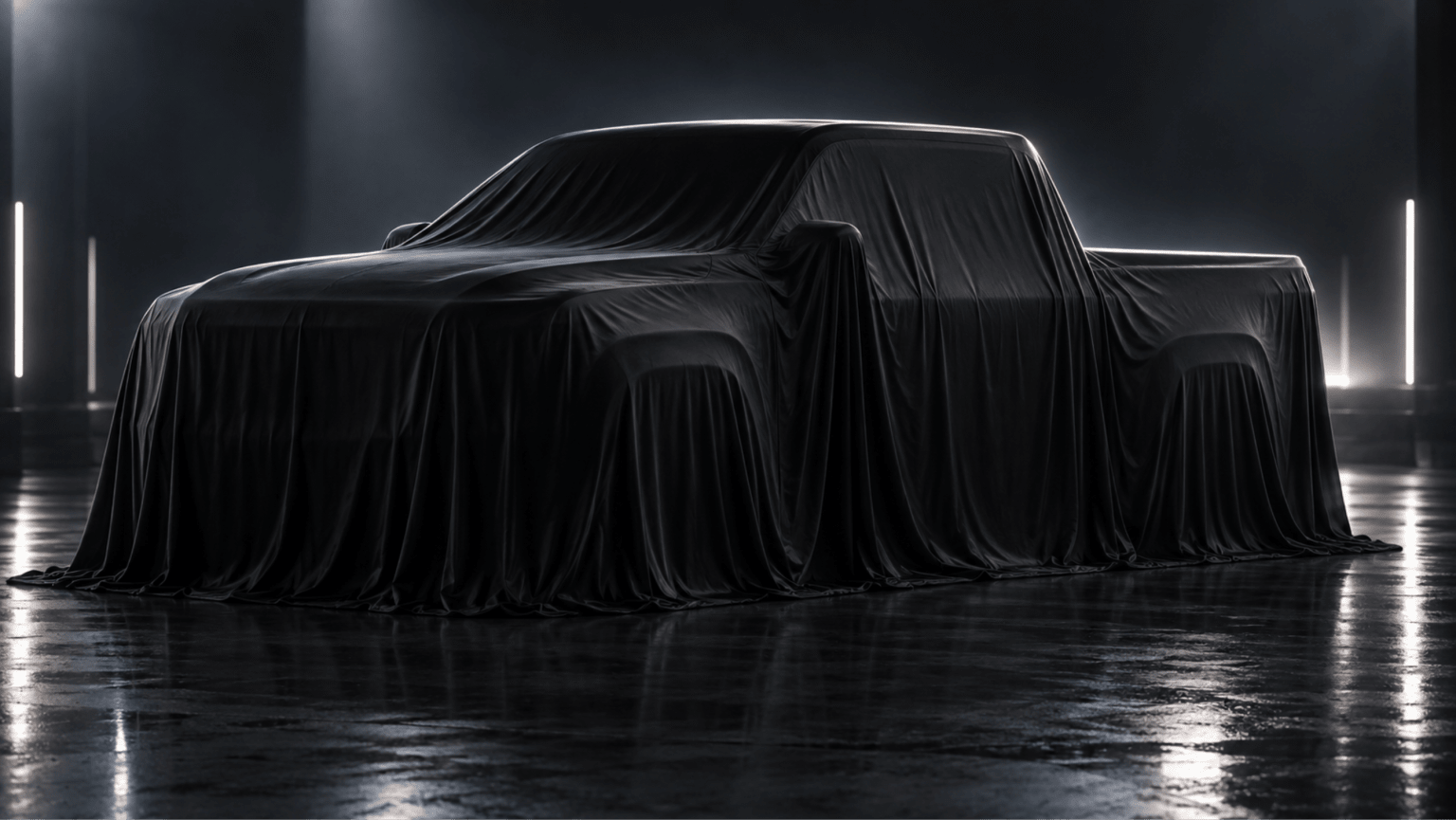 A car covered in a black cloth in a studio with dramatic lighting and reflection.