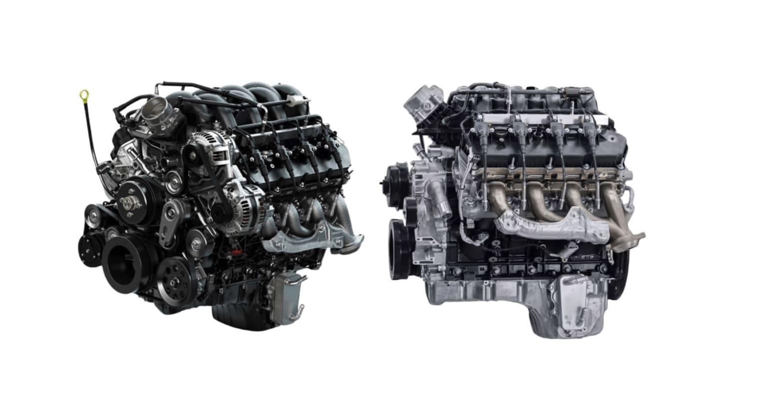 Two large, complex automotive engines side by side, showcasing their intricate internal components and mechanical design.
