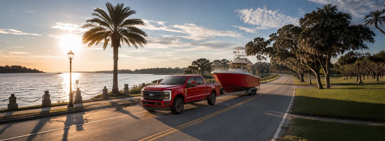 A red truck towing a boat on a road lined with palm trees and live oaks, with a calm body of water and a sunset in the background.