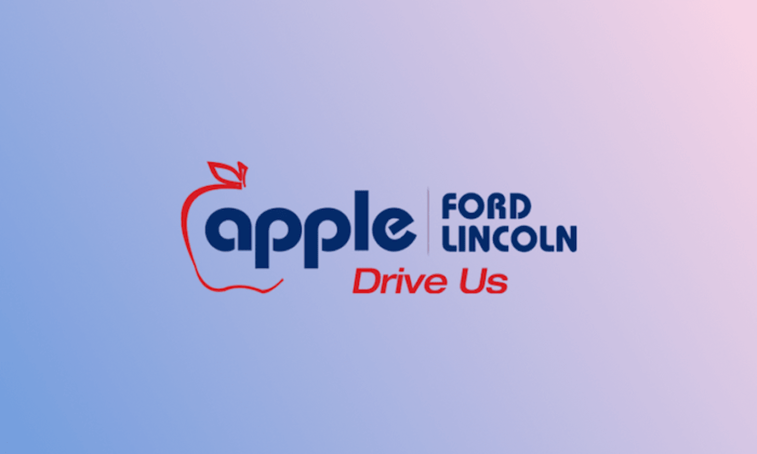 the apple ford lincoln drive us logo on a blue and pink background with a red apple on top of the drive us logo