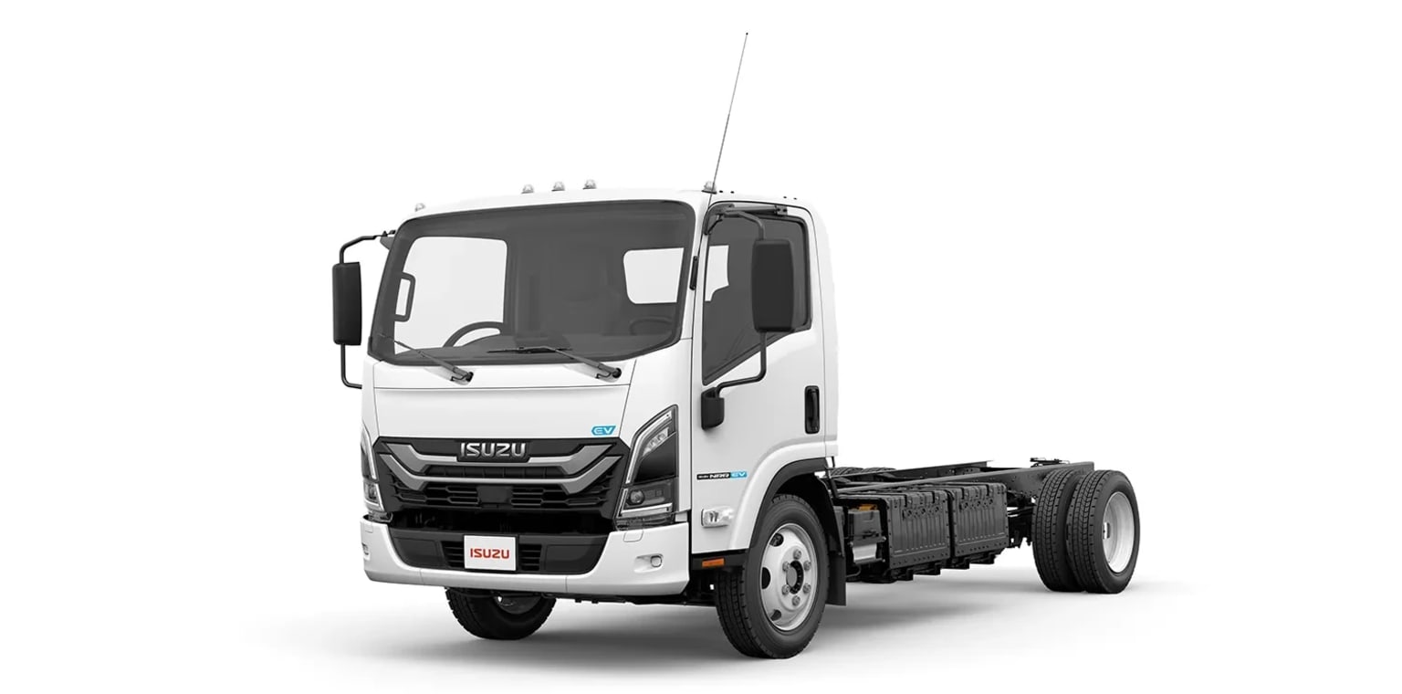 A white truck chassis is presented against a plain white background.