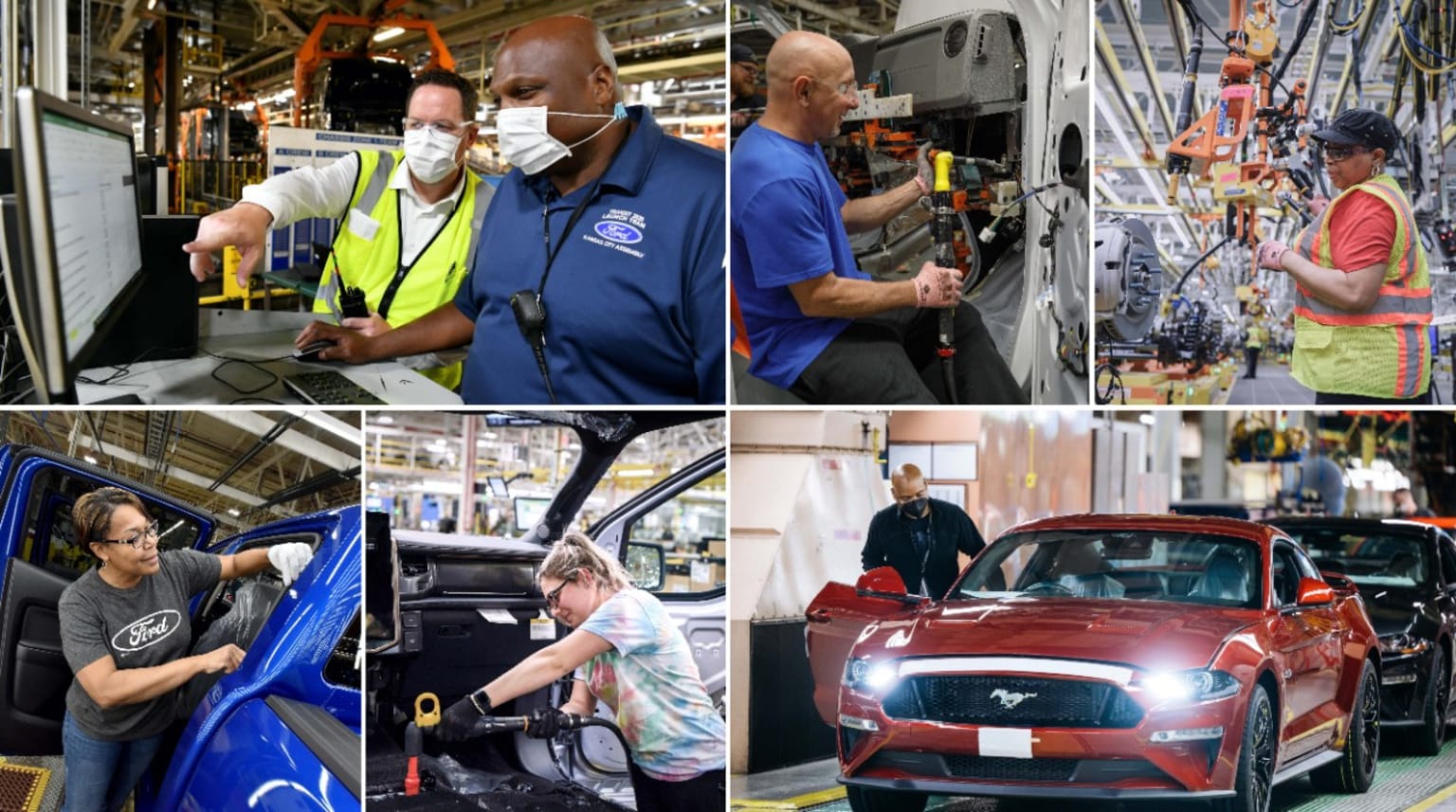 a group of people working on a car in a factory and a man in a face mask working on a car