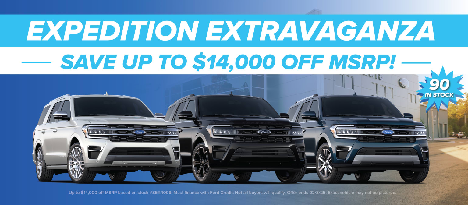 The image displays three SUVs in a promotional advertisement for an "Expedition Extravaganza" event, offering savings of up to $14,000 off the manufacturer's suggested retail price (MSRP). The vehicles are prominently featured against a vibrant blue background.