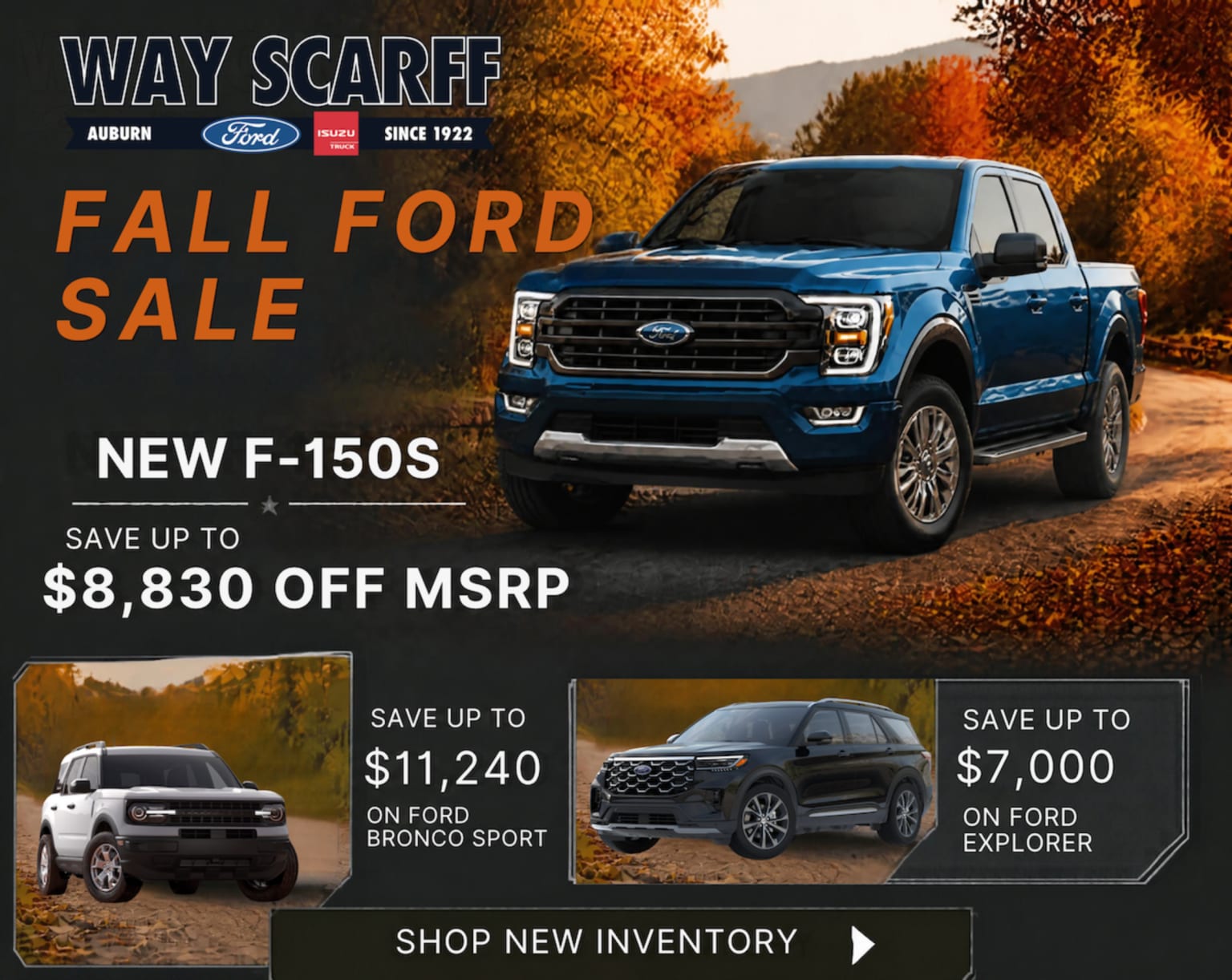 Blue pickup truck parked on a dirt road with autumn trees in the background, with smaller SUVs displayed below.