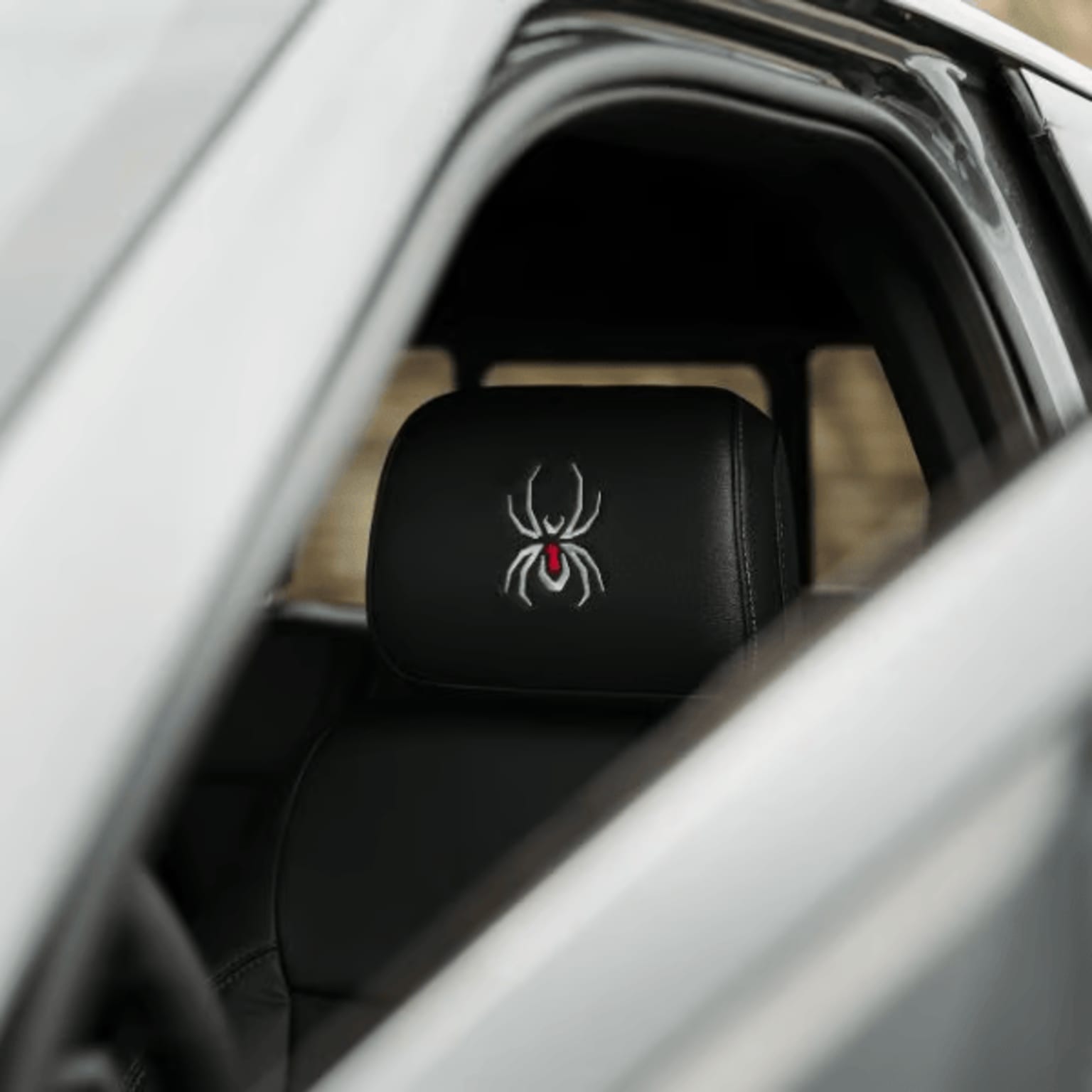 Interior of a vehicle with black leather seat featuring a spider logo embroidered on it