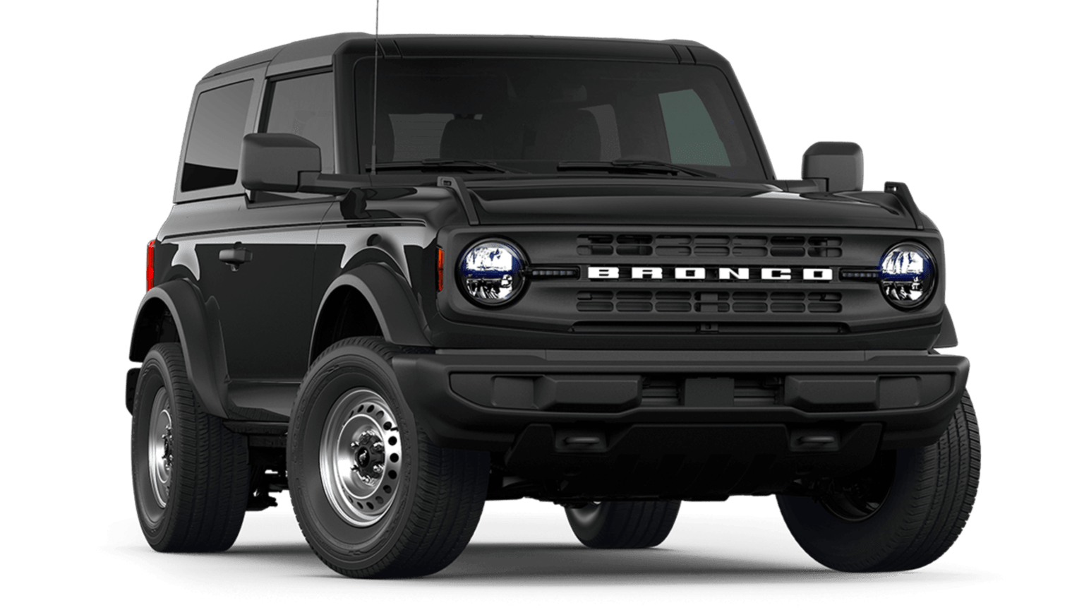 A black SUV with a rugged, off-road design stands prominently in the foreground against a plain white background.