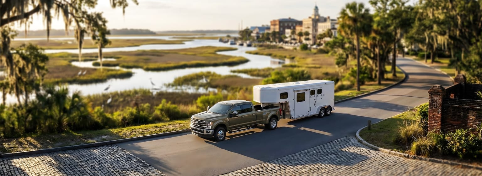 A pickup truck towing a camper trailer parked on a paved path overlooking a scenic coastal town with buildings and palm trees in the background.