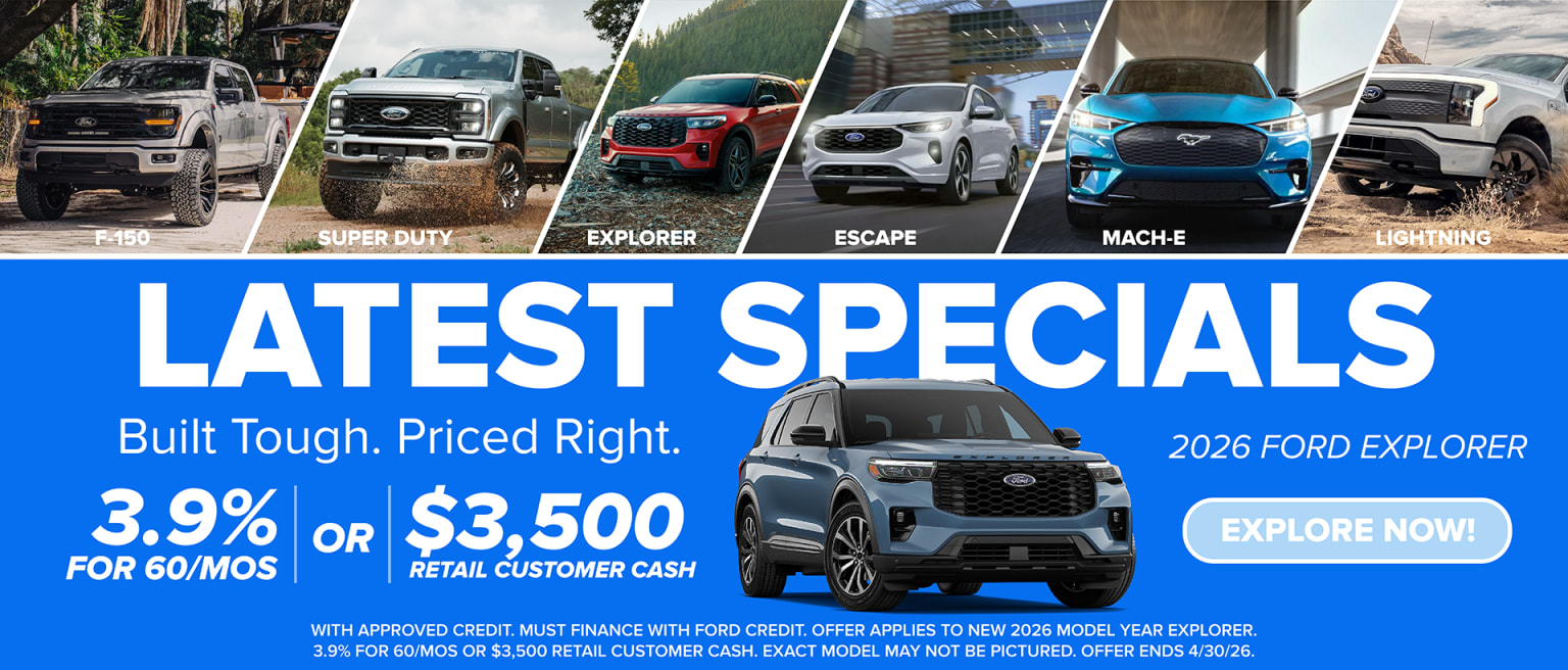Various vehicle models, including the Super Duty, Explorer, Escape, Mach-E, and a 2026 Expedition, along with promotional offers.