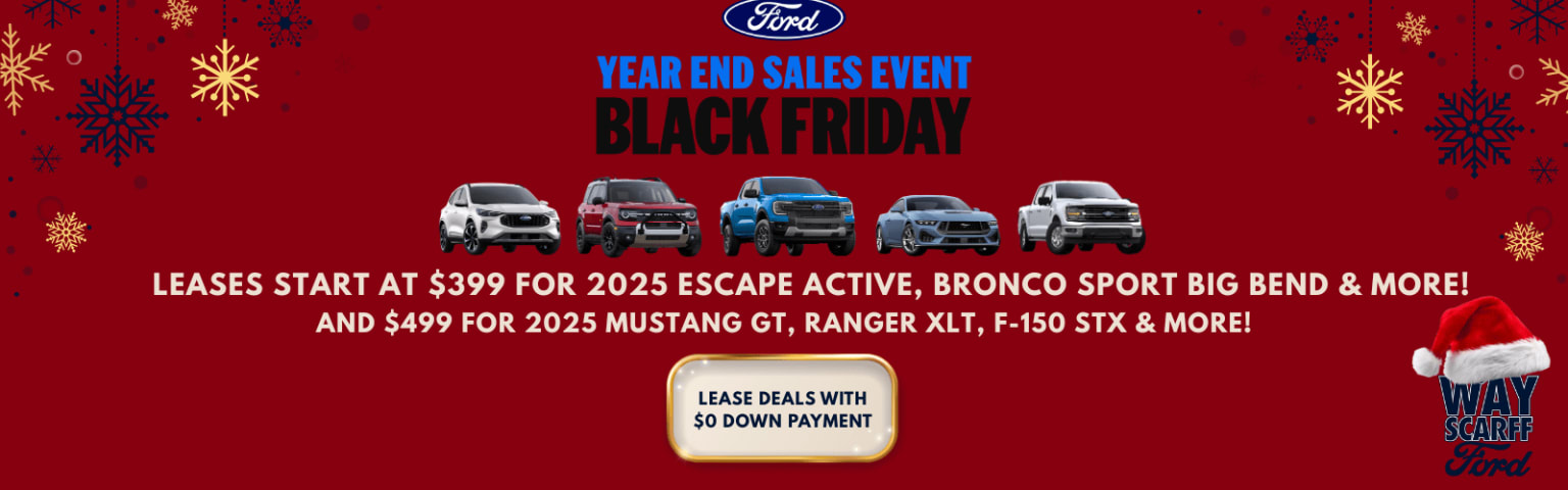 The image depicts a Black Friday year-end sales event at an automotive dealership, featuring multiple vehicle models including a compact SUV, a crossover SUV, a sports car, a midsize truck, and a full-size truck.