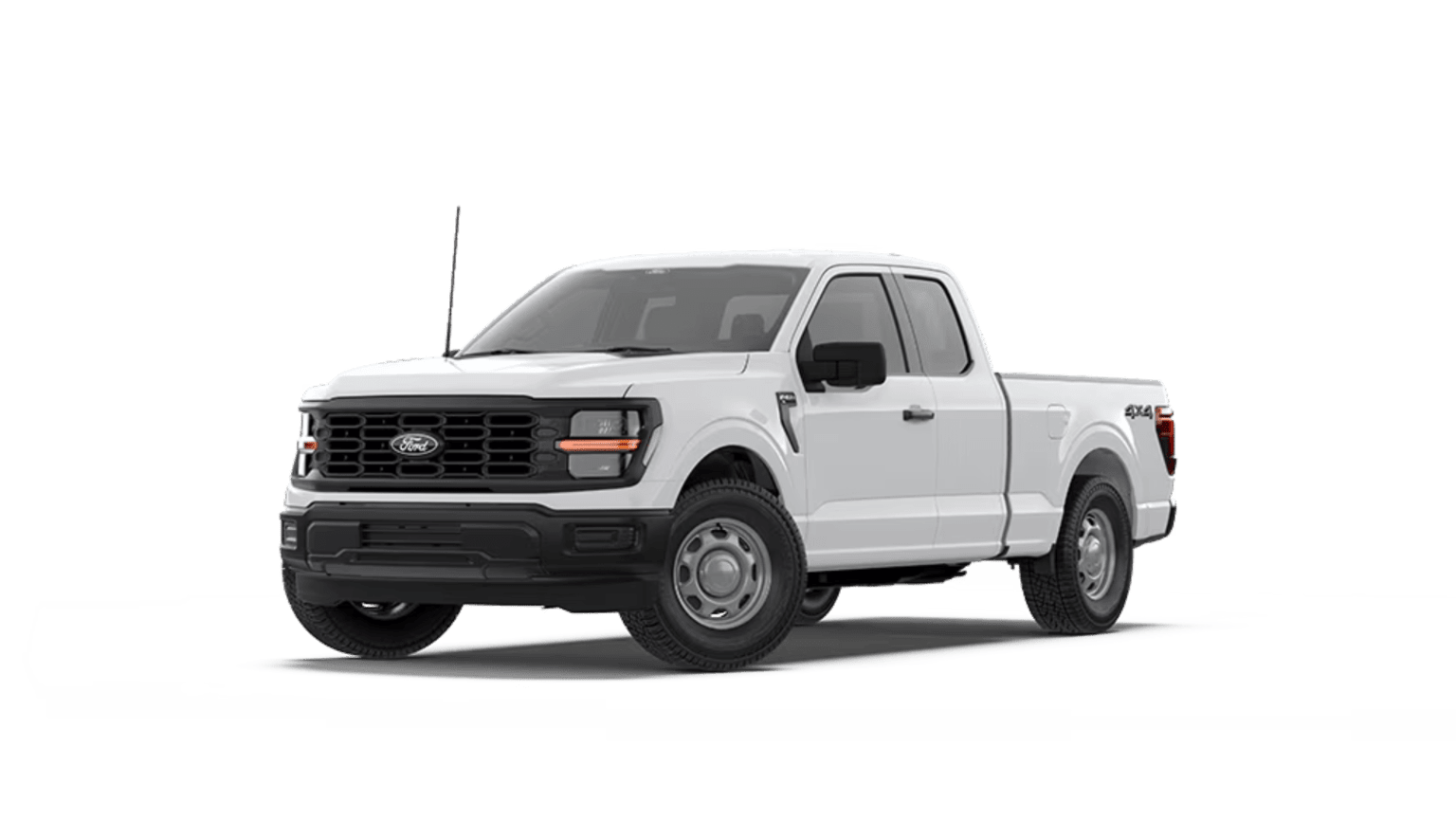 A white pickup truck stands in the foreground against a plain white background.