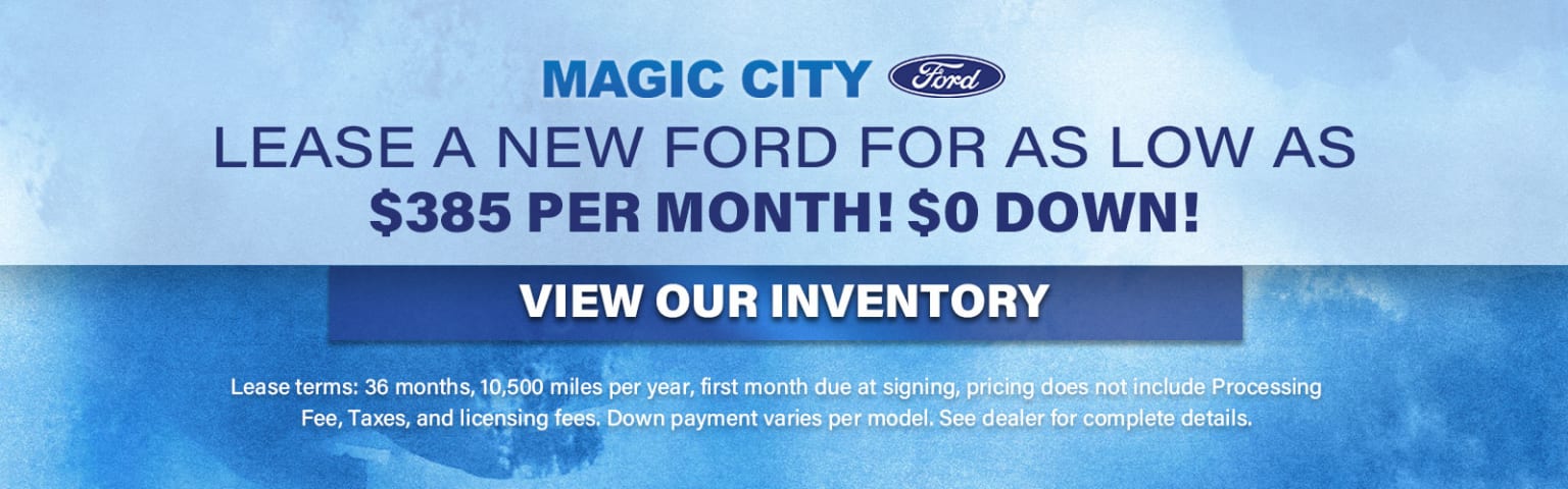 The image displays a large advertisement for a dealership offering a new vehicle for $385 per month with $0 down payment.