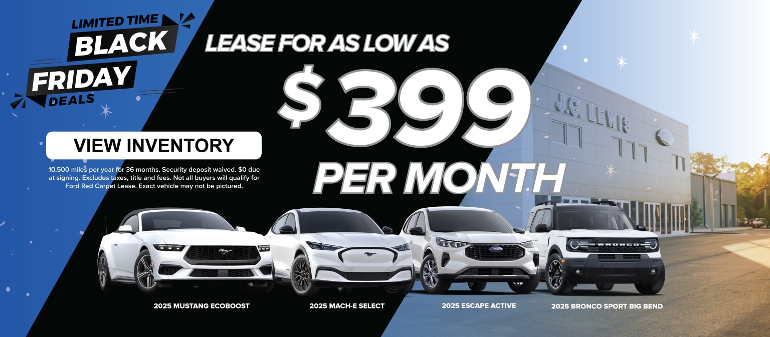 The image shows a Black Friday advertisement for a car dealership, featuring various models of vehicles available for lease.