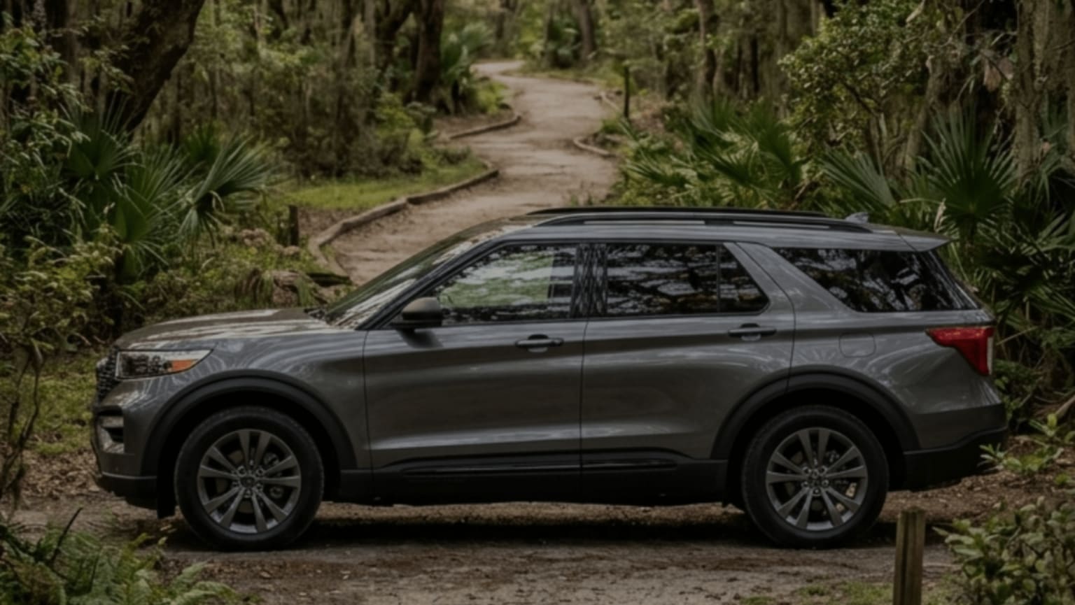 A gray SUV in a natural setting surrounded by trees and greenery.