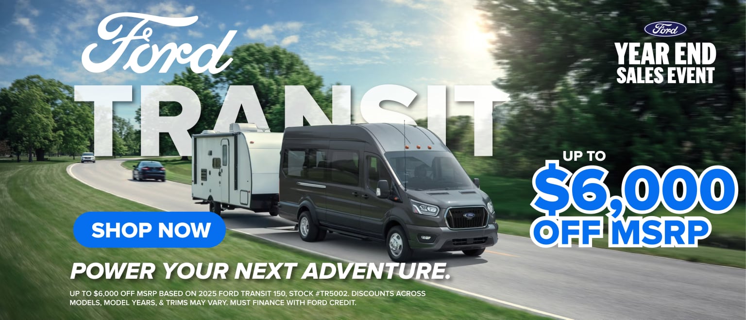 The image features a van prominently displayed in the foreground, with a scenic countryside landscape in the background. The van is showcased as part of a sales event, offering a discount off the MSRP.