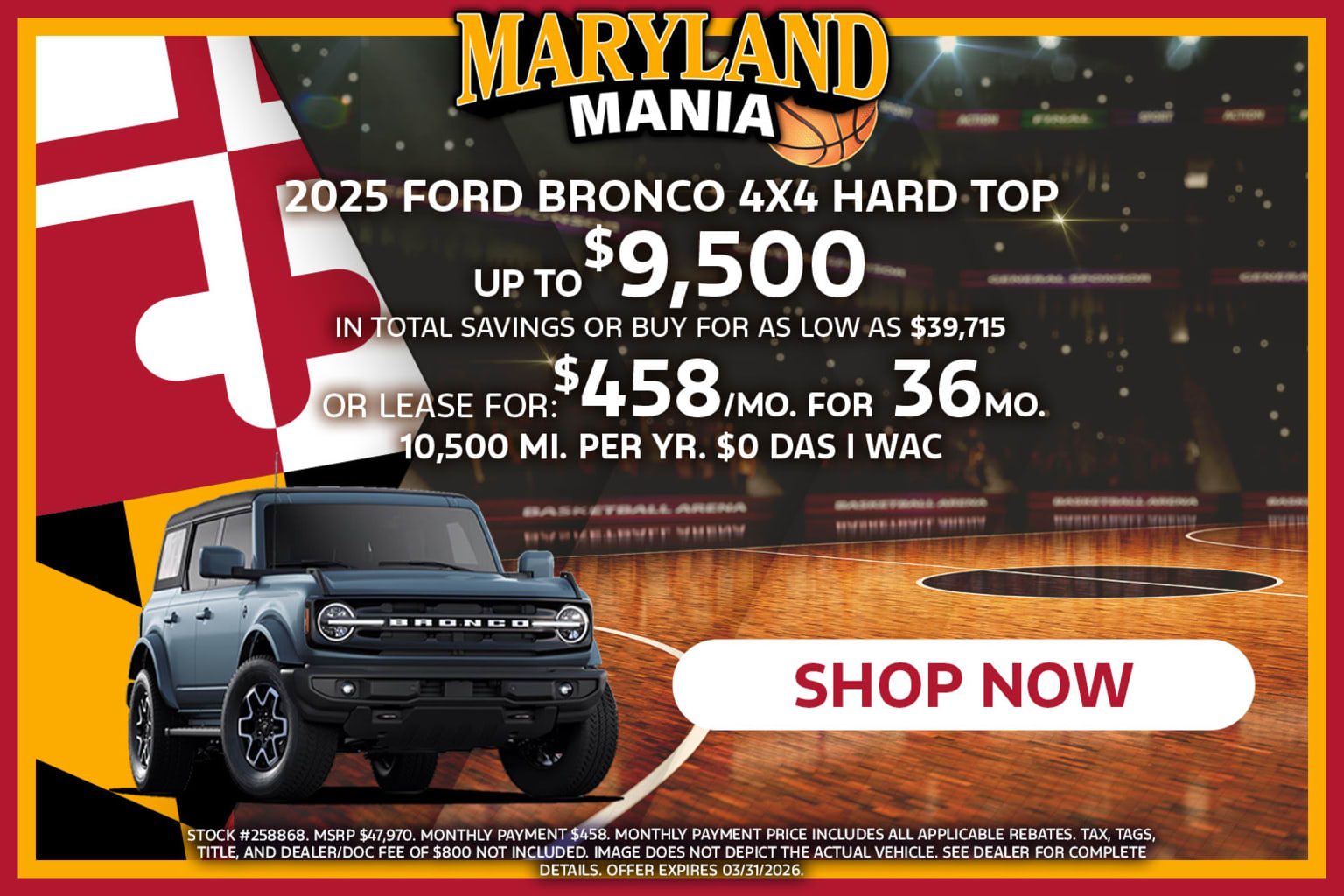 The image features a vehicle prominently displayed in the foreground, with a Maryland Mania-themed background showcasing a basketball court and a Maryland flag.