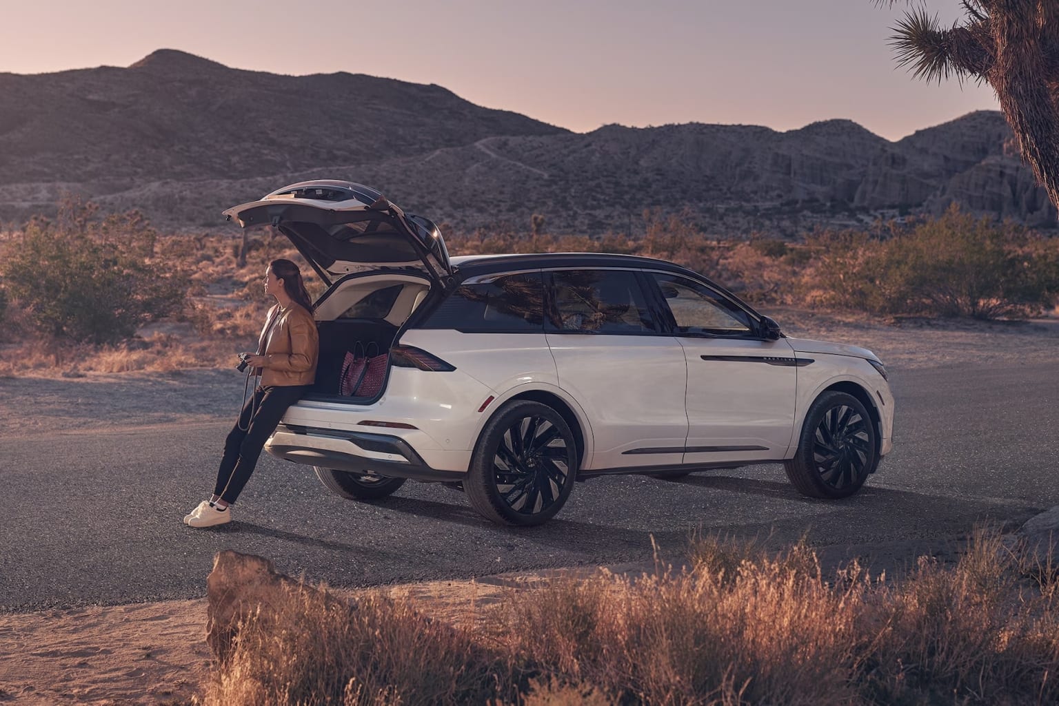 White SUV with large wheels parked in a desert landscape with mountains and a clear sky in the background.