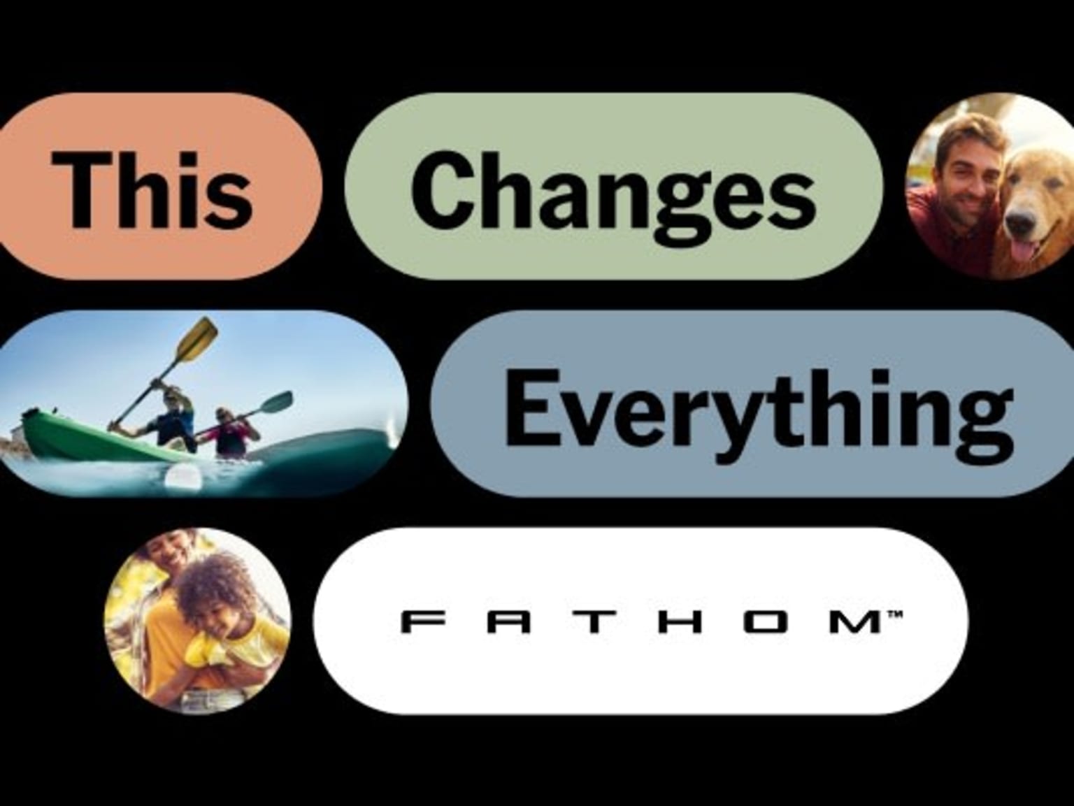Foreground with "FATHOM" in white text on black background, colorful oval shapes with various activities and images in the background.