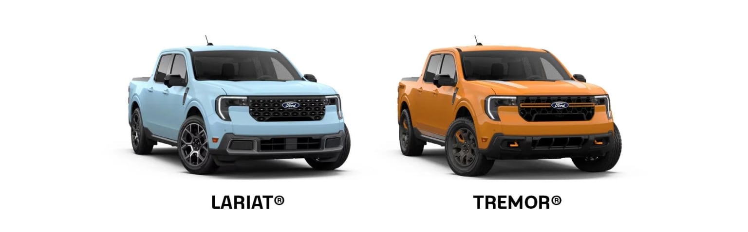 Two compact utility vehicles, one in a light blue color and the other in an orange hue, are prominently displayed against a plain white background. The vehicles appear to be rugged and designed for off-road use, with distinctive grille designs and bold styling cues.