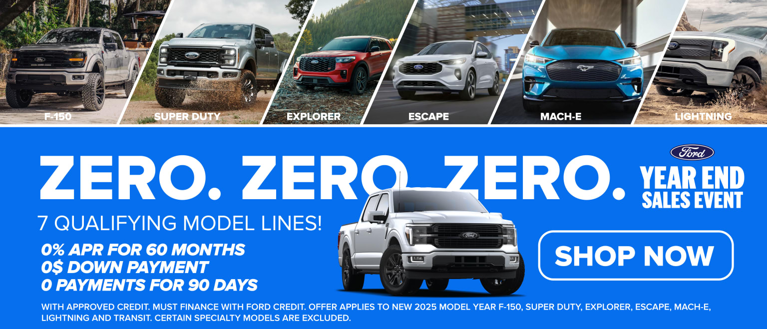 The image shows a selection of vehicles from different models, such as the Super Duty, Explorer, Escape, Mach-E, and Lightning. There is also a promotional banner promoting a sales event with special offers.