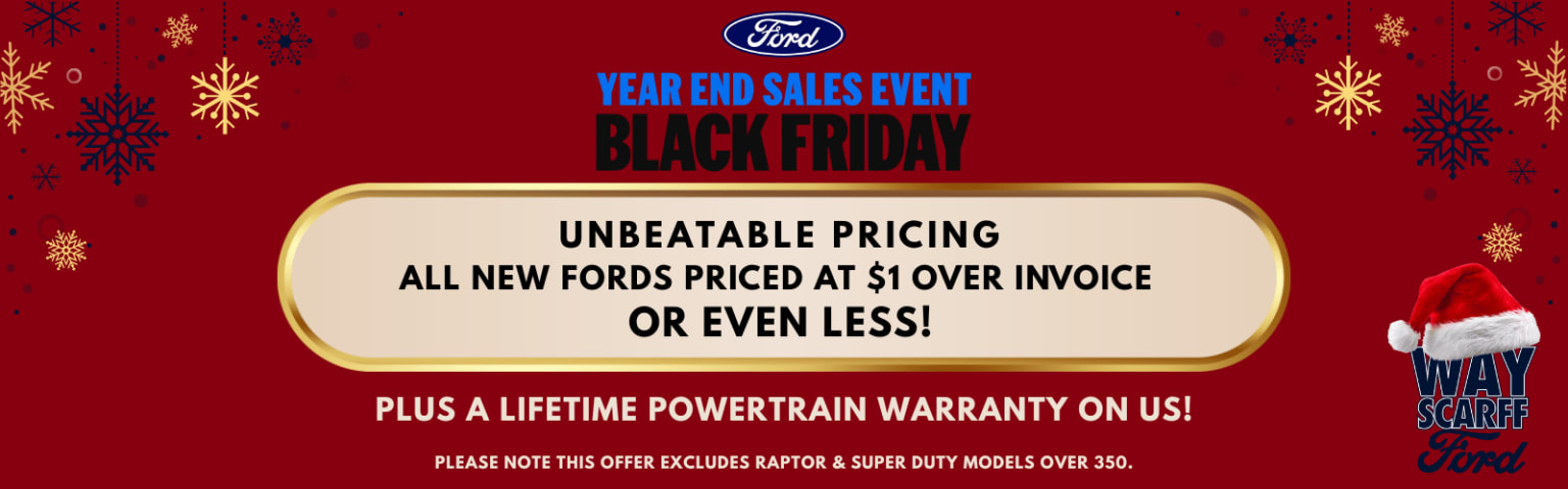 The image displays a logo and text advertising a "Year End Sales Event" on Black Friday, with a message about "Unbeatable Pricing" and a lifetime powertrain warranty.