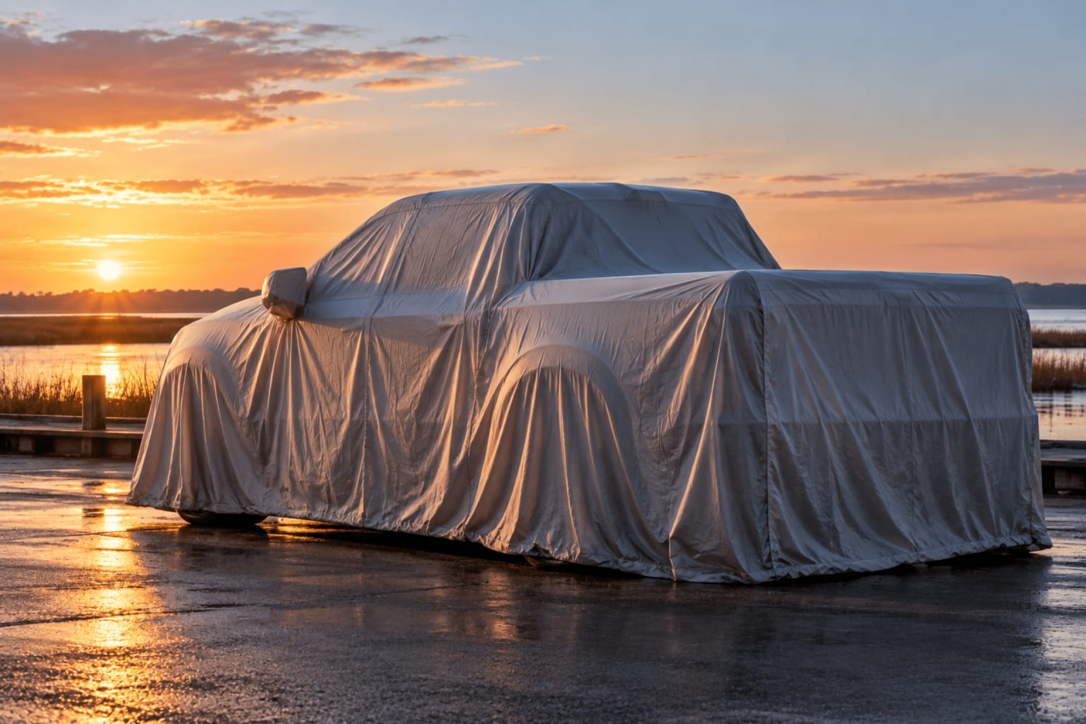 A vehicle draped in a white cloth sits on wet pavement with a sunset reflecting over a body of water in the background.
