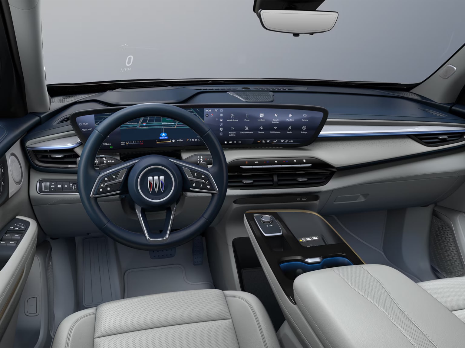 The image shows the interior of a modern vehicle with a sleek dashboard, a large digital display, and a steering wheel with various controls.