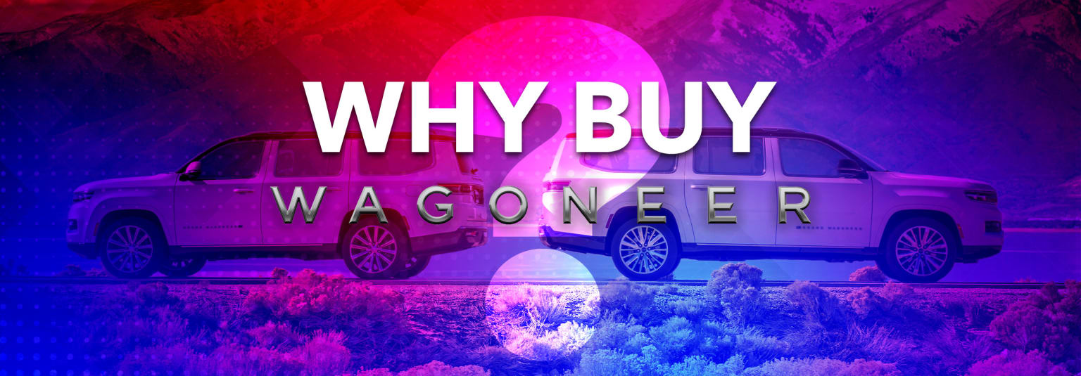 a white truck driving down a road next to a purple and red sign that says, why buy wagon