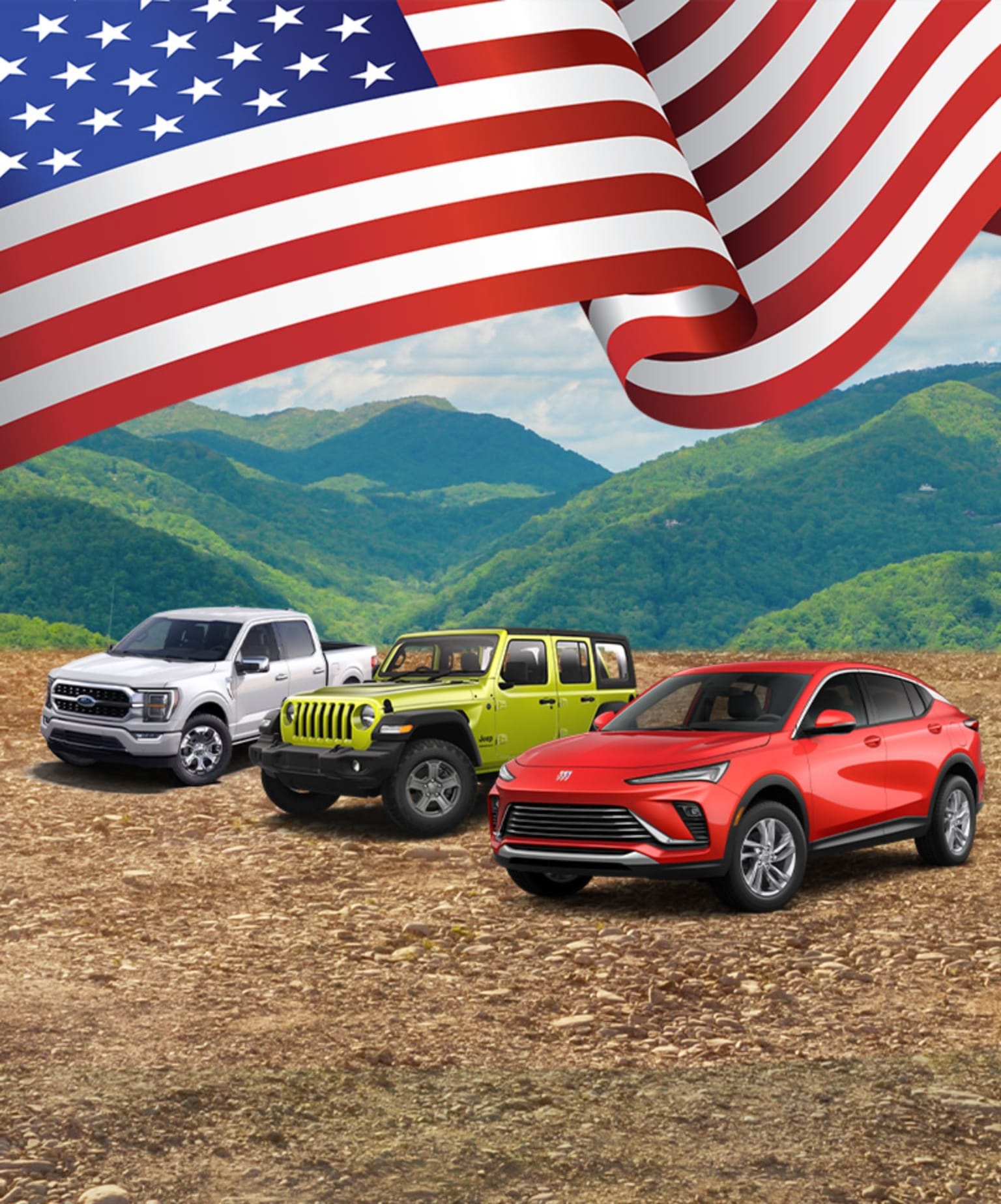 Three vehicles on a dirt road with mountains in the background: a white pickup truck, a lime green Jeep, and a red SUV.
