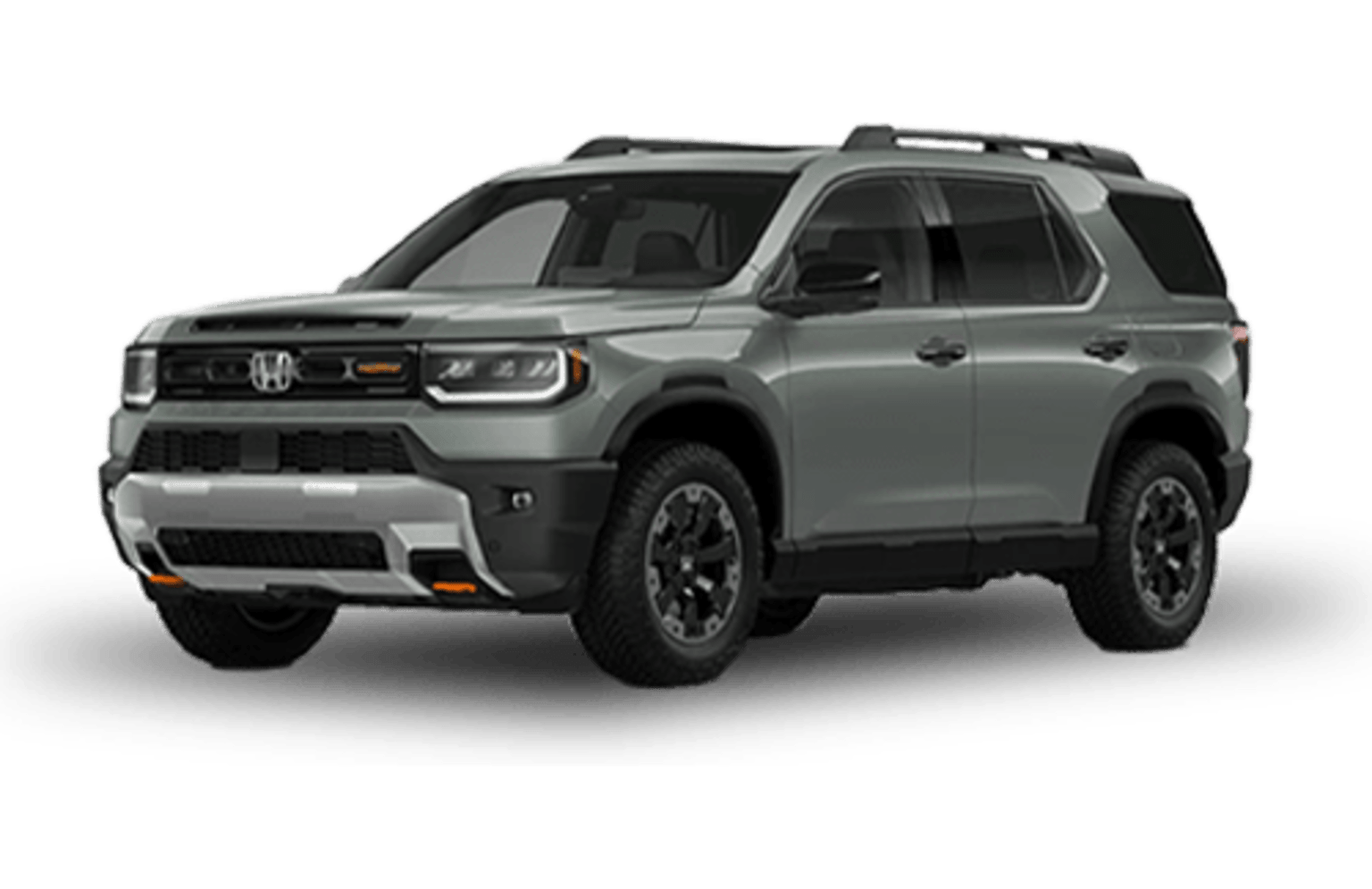 A silver SUV with black roof rails and orange accents parked on a white background.