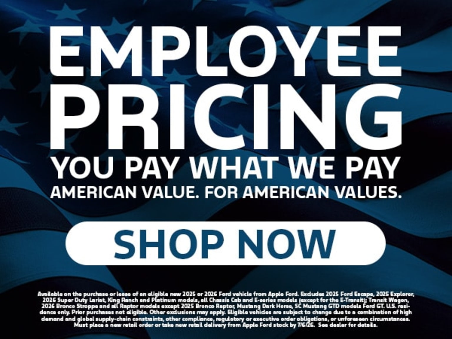 Text overlay with "EMPLOYEE PRICING" and "SHOP NOW" on dark background with faded American flag.