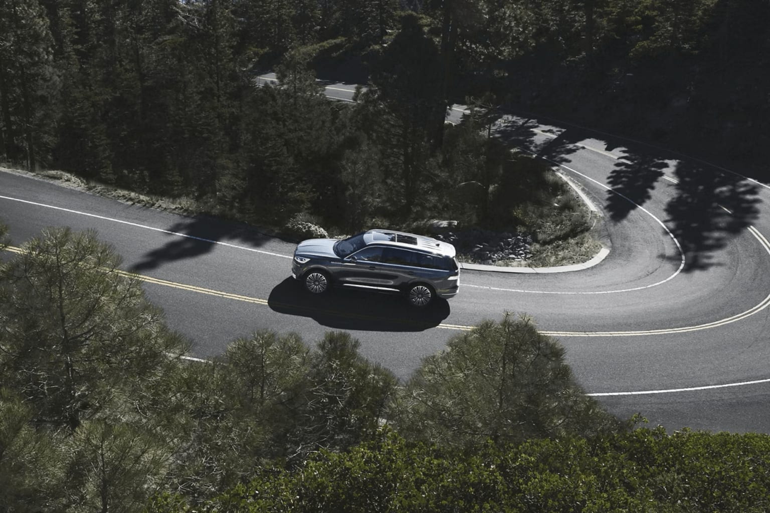 A large black SUV driving on a winding mountain road through dense forest vegetation.