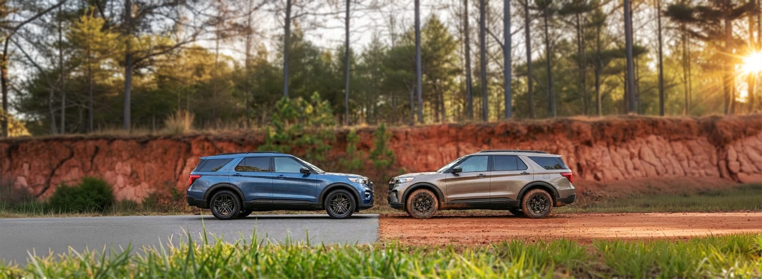 Two large SUVs parked on a dirt road surrounded by a forested area with autumn foliage in the background.