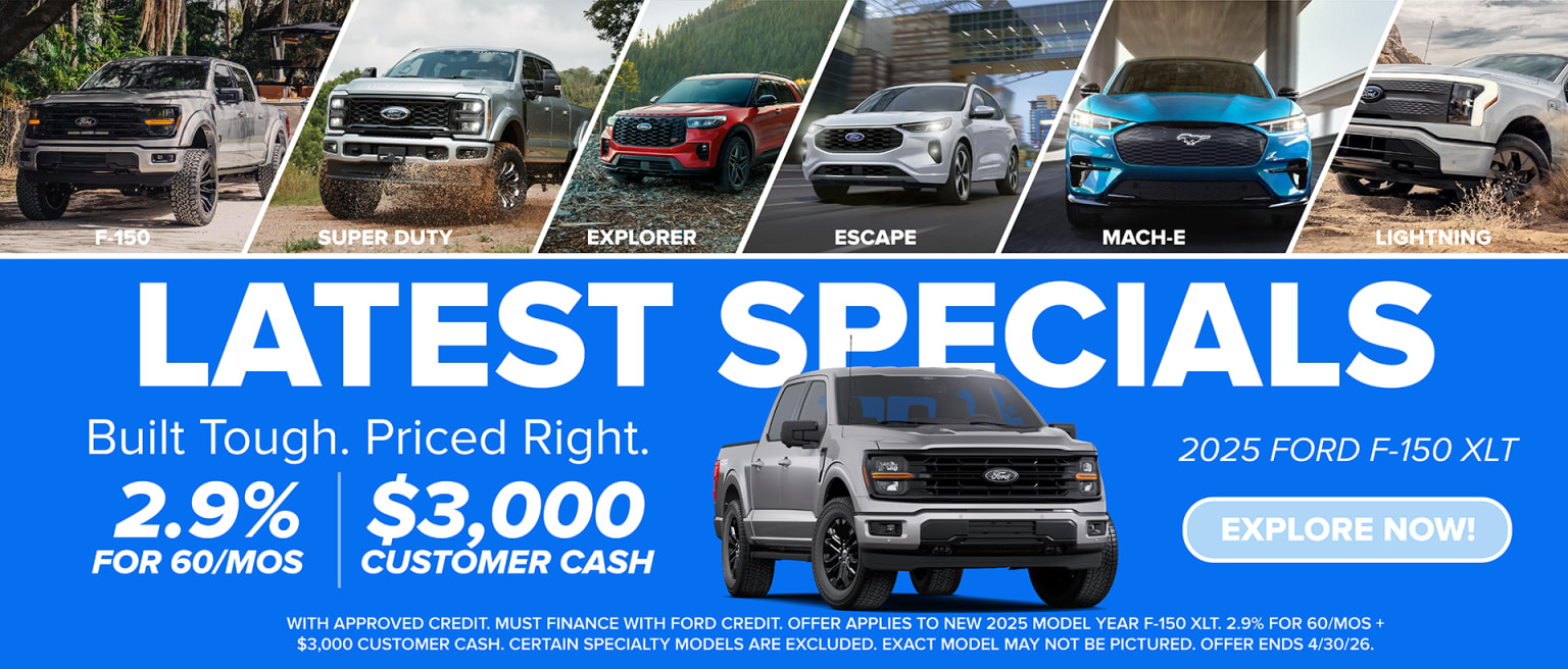 Various vehicle models available at the dealership, including trucks, SUVs, and electric cars. Information about current specials and promotions.