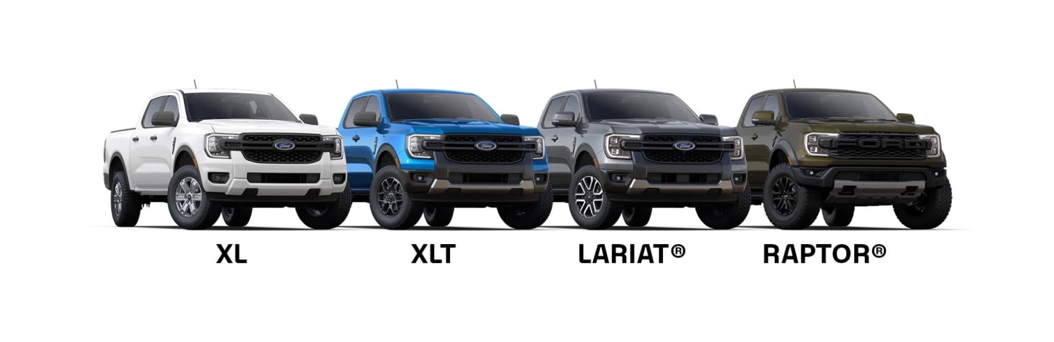The image displays a lineup of four pickup trucks, including the XL, XLT, Lariat, and Raptor models, showcasing their distinct designs and features.