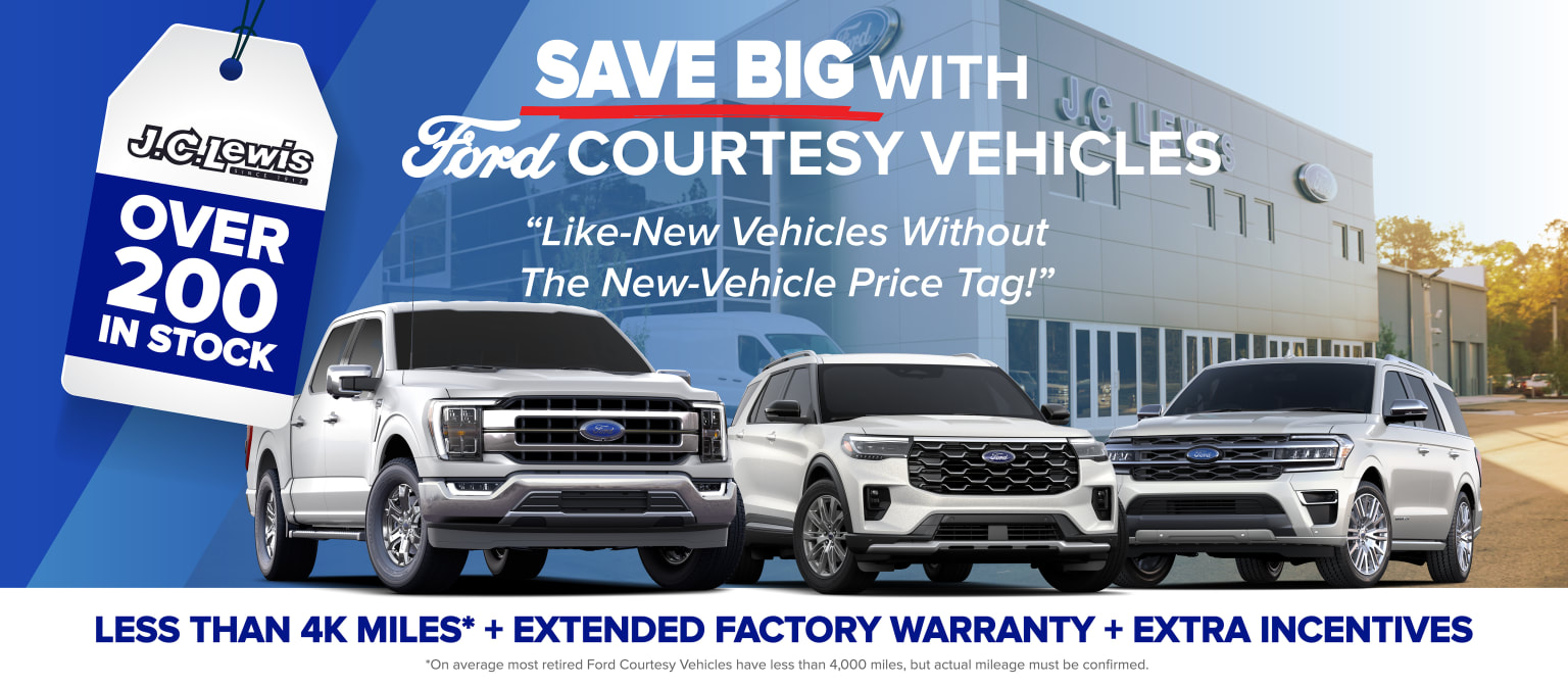 Promotional advertisement for courtesy vehicles at an automotive dealership, showcasing various large pickup trucks and SUVs against a blue background, with text emphasizing the savings and benefits of these vehicles.
