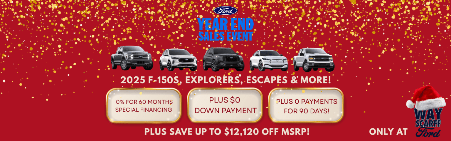 The image displays various Ford vehicles, including the F-150, Explorers, Escapes, and more, against a vibrant red background with golden sparkles, accompanied by promotional information about special financing, down payment, and savings opportunities.