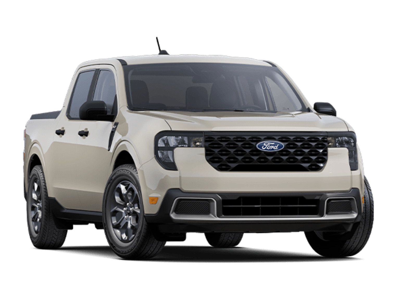 A white pickup truck with a rugged, off-road design and a prominent grille stands prominently in the frame against a plain white background.
