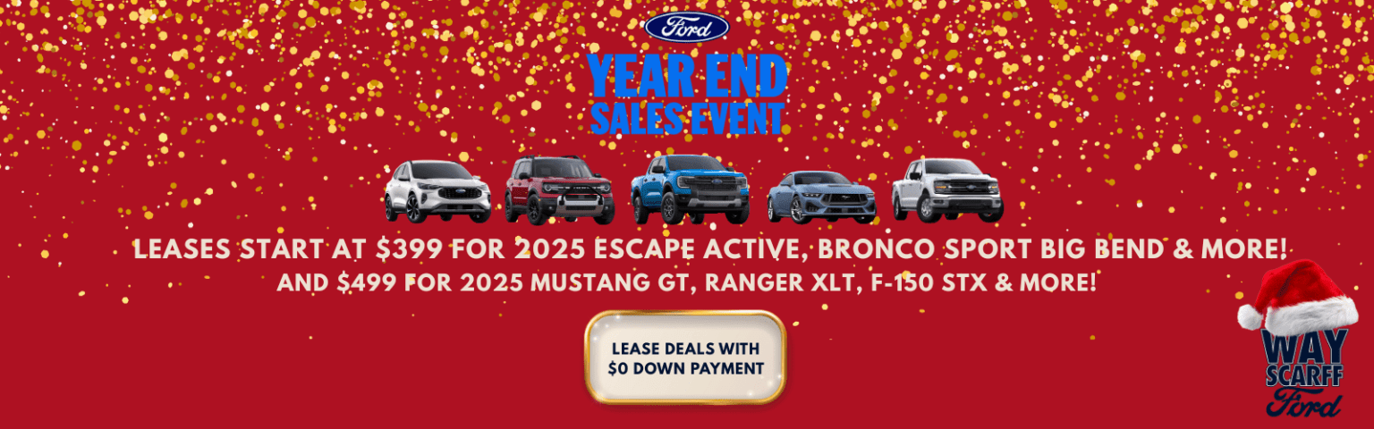 The image displays various Ford vehicle models, including the Escape, Bronco Sport, Mustang GT, Ranger XLT, and F-150 STX, against a vibrant red background with golden sparkles, showcasing lease deals and pricing information.