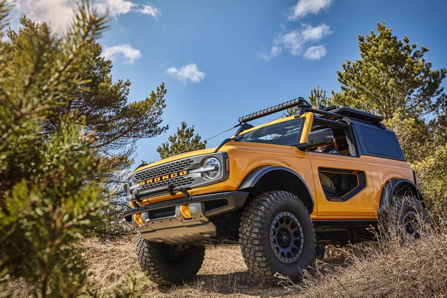 a yellow truck driving through a forest filled with pine trees on a sunny day with a blue sky in the background